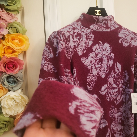 FREE PEOPLE Dress Long Sleeve Mini Sweater Wool Mock Neck Floral Boho Wine XS - Picture 7 of 10